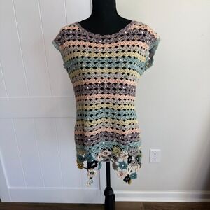 Anthropologie Edie Crochet Knit Top Multi Color Floral Hem 100% Cotton Boho S